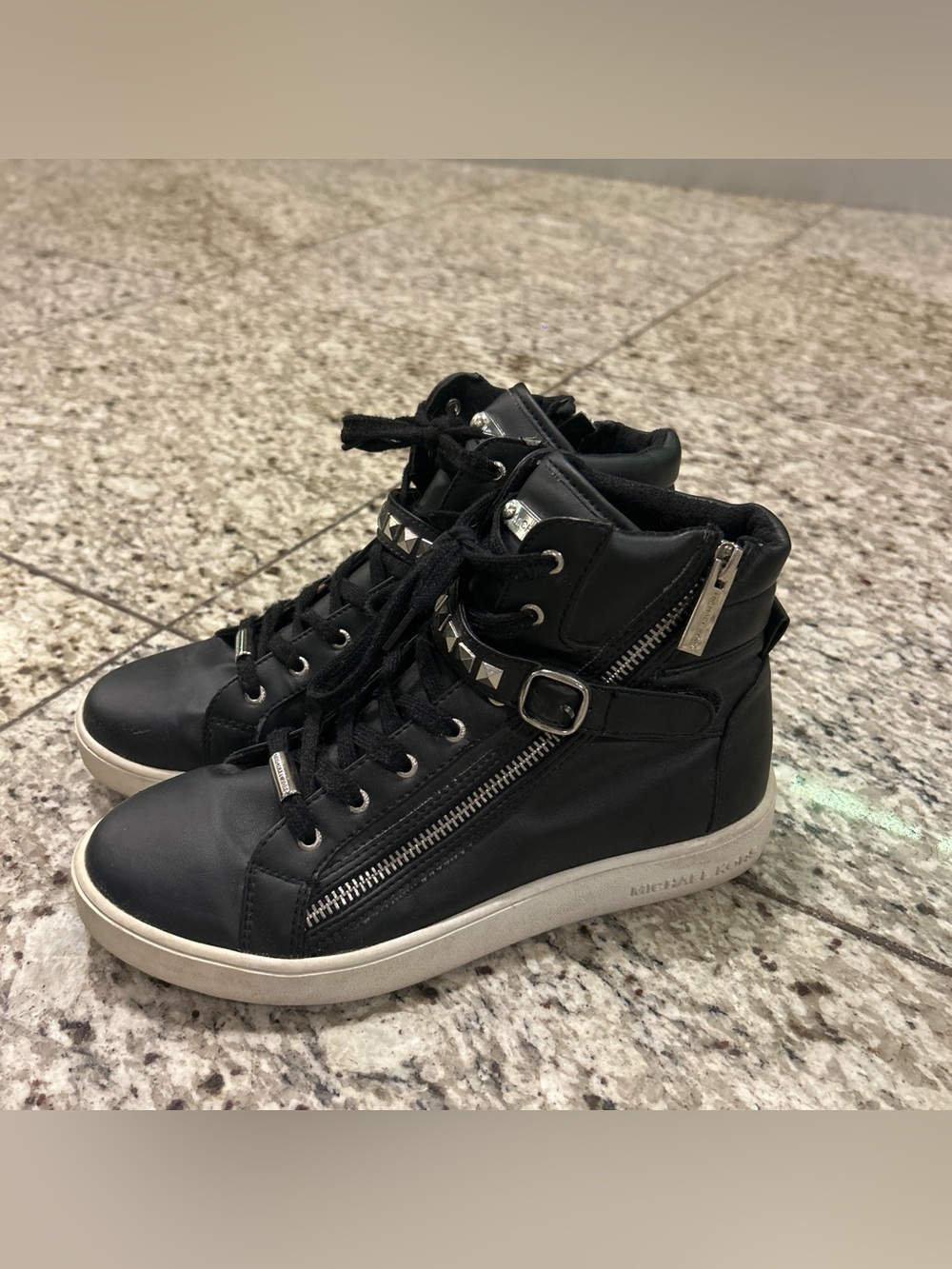Michael Kors Black Leather High-Top Sneakers with Silver Hardware
